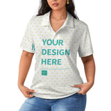 Customizable women's white polo shirt with heart pattern, featuring 'YOUR DESIGN HERE' text.
