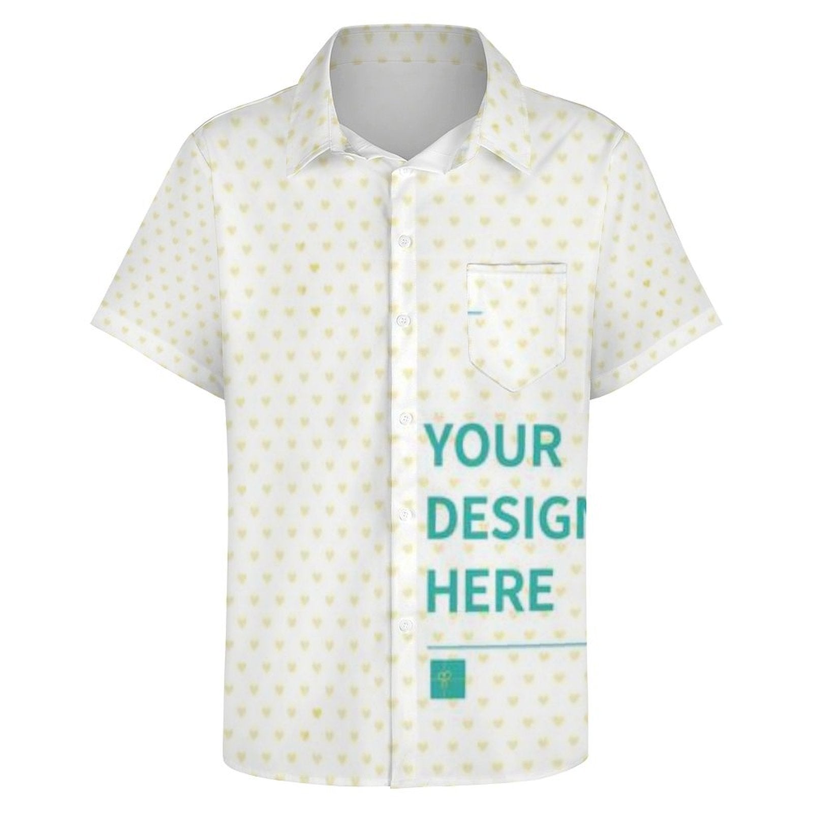 Custom short sleeve button down shirt for men with heart pattern, "YOUR DESIGN HERE" text, personalized design