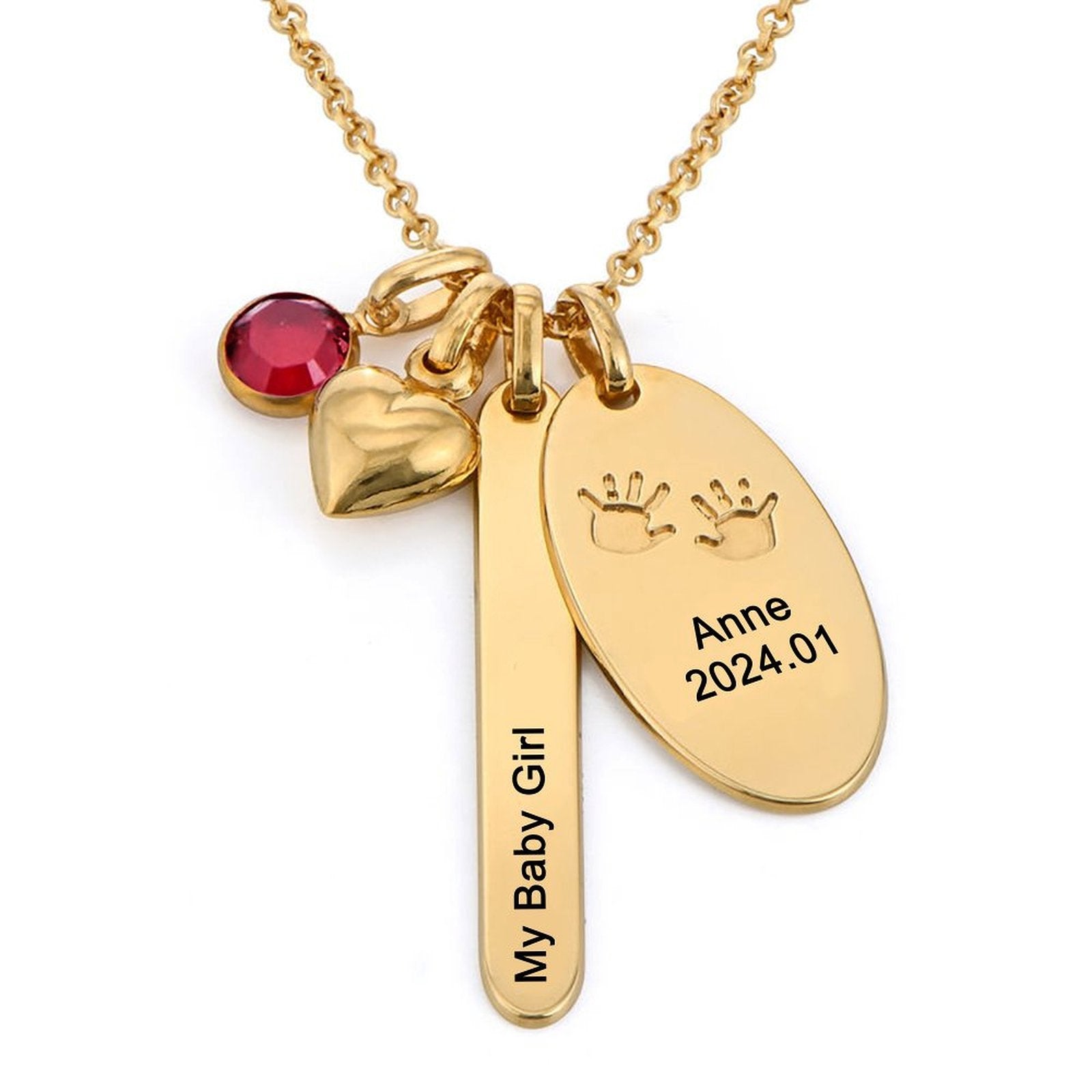 Gold personalized name necklace for women, engraved with My Baby Girl, Anne and date, and baby's footprints.
