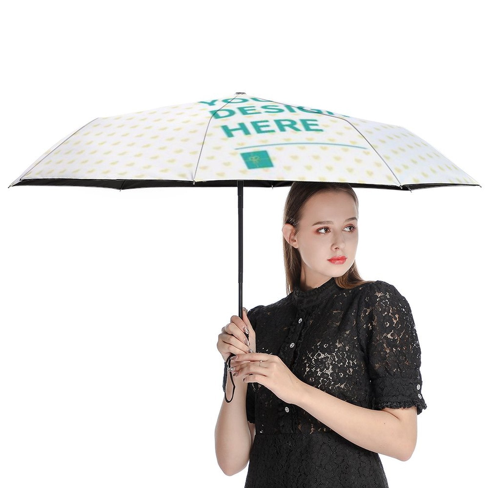 Customizable 3-Fold Auto Umbrella, white with heart pattern and "YOUR DESIGN HERE" text, ideal gift for men and women