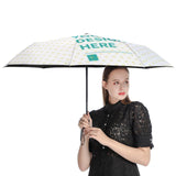 Customizable 3-Fold Auto Umbrella, white with heart pattern and "YOUR DESIGN HERE" text, ideal gift for men and women