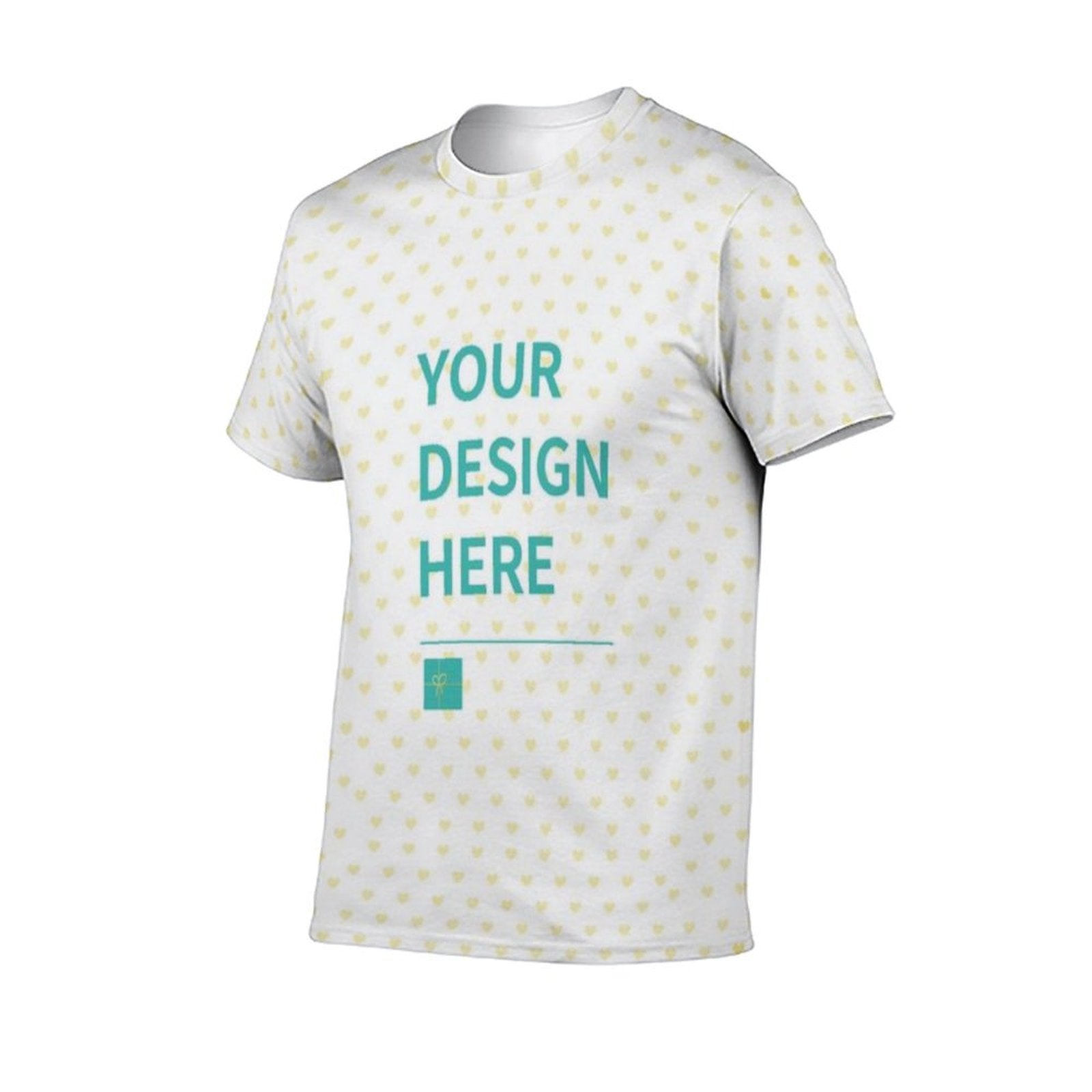 Custom Men's Short-Sleeve Tee with "YOUR DESIGN HERE" in teal, white polyester, heart pattern, MyArtsyGift