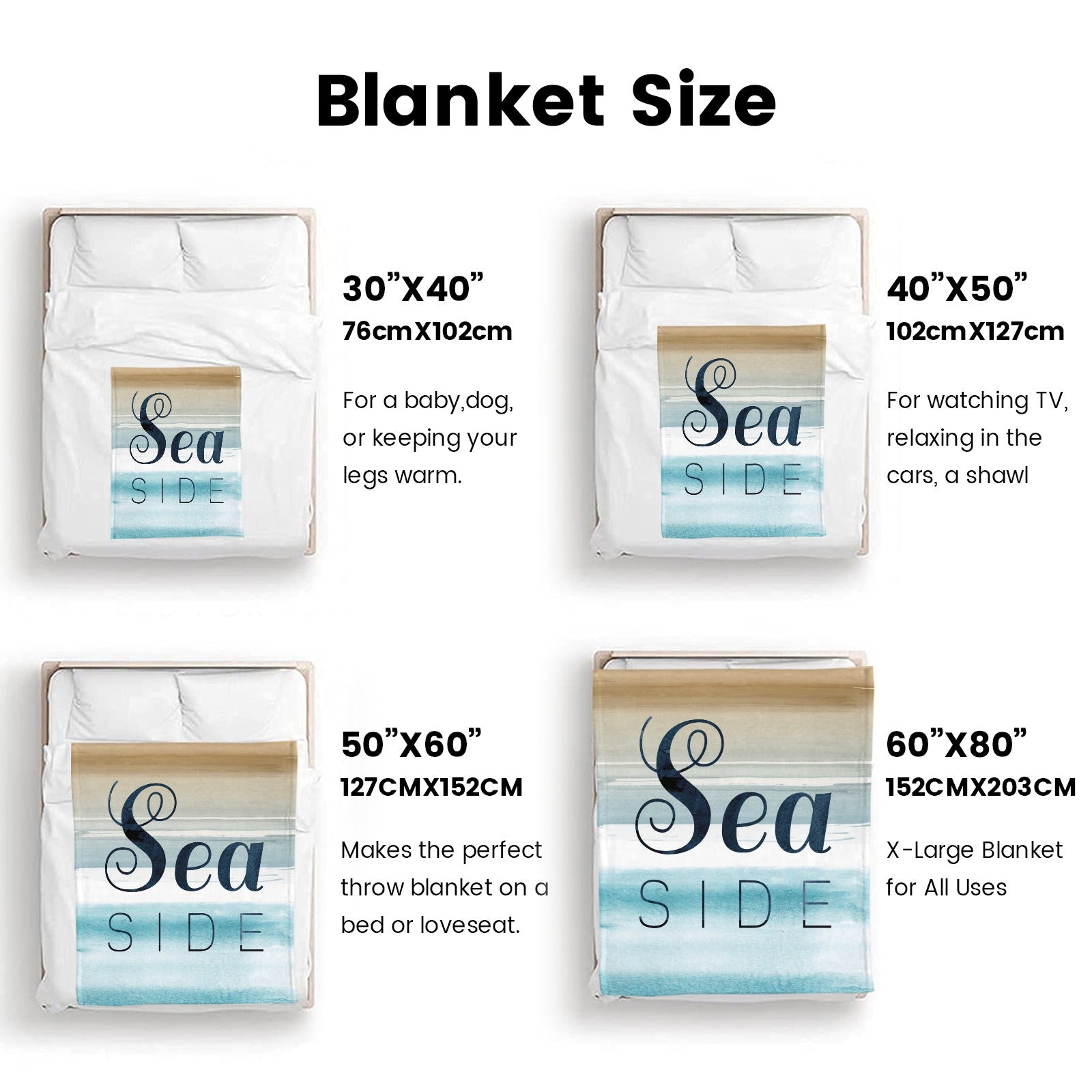 Beach Blue Seaside Flannel Blanket size guide, Sea Side watercolor design, multiple sizes for bed, couch use