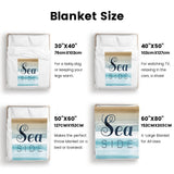 Beach Blue Seaside Flannel Blanket size guide, Sea Side watercolor design, multiple sizes for bed, couch use