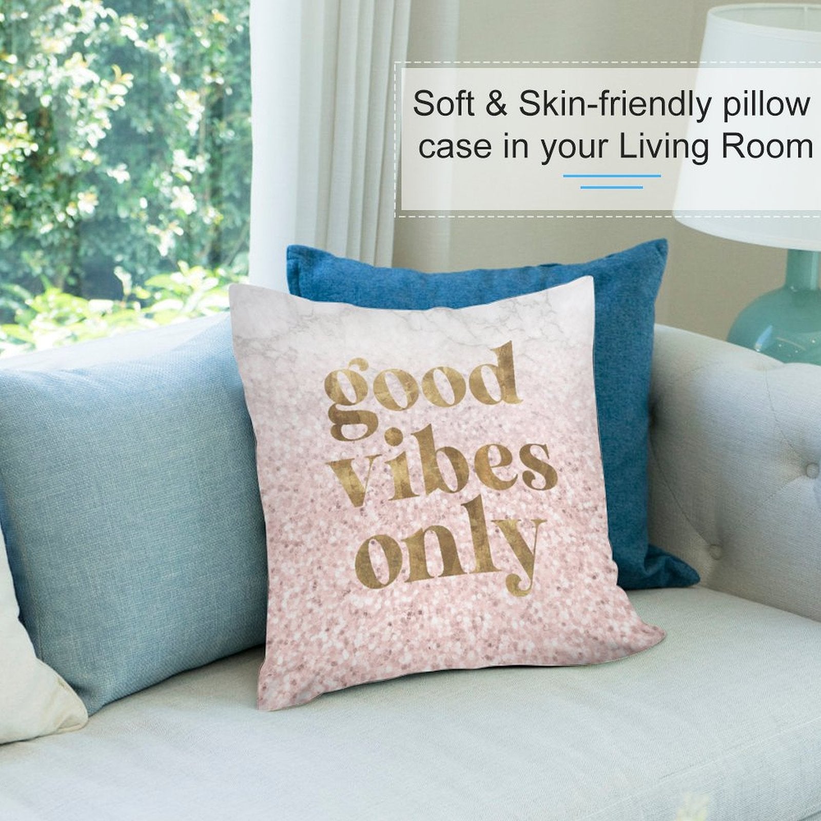 Pink plush pillow cover with "Good Vibes Only" text, perfect for sofa decor, soft and skin-friendly.