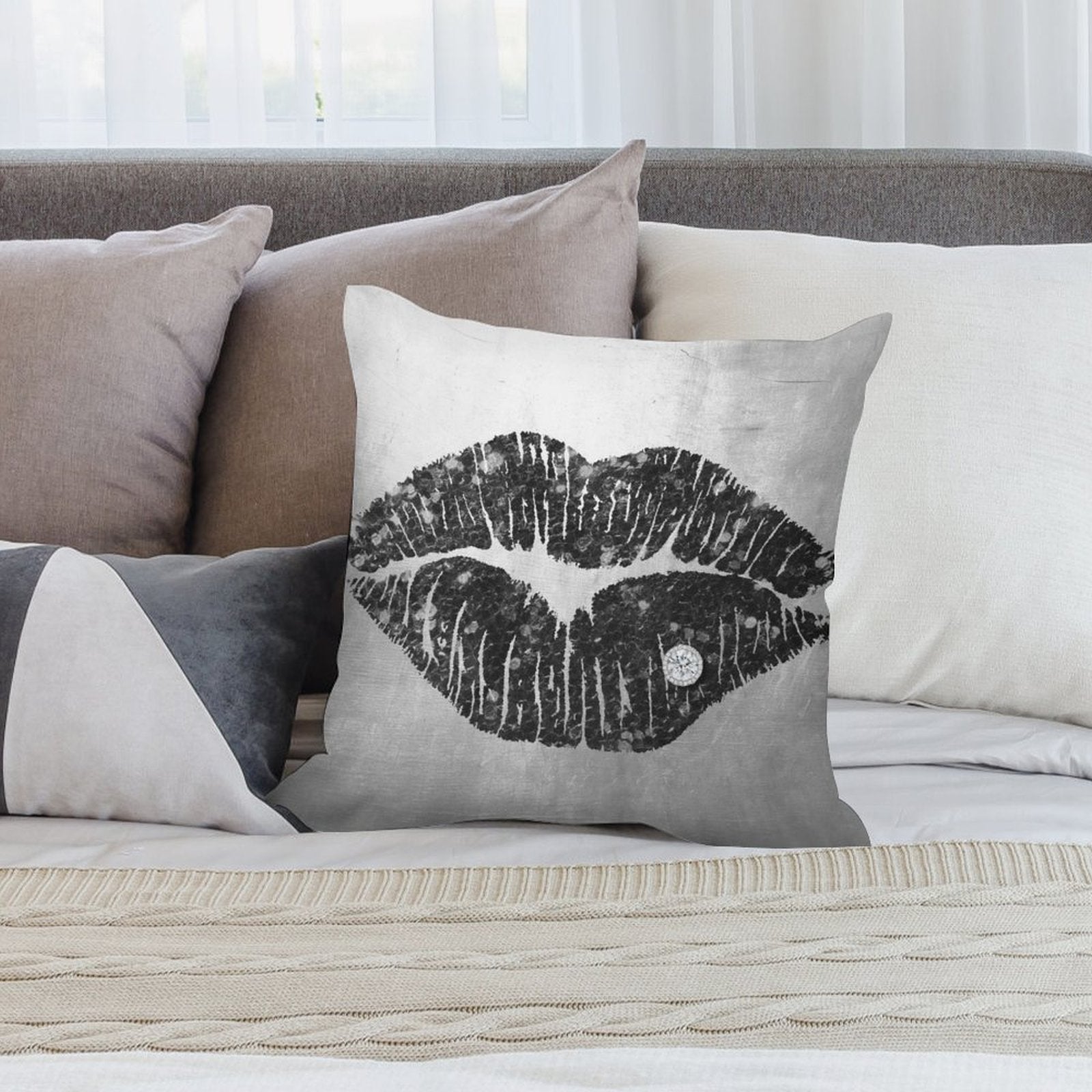 Luxury plush pillow cover with black lips design and diamond detail, perfect for sofa or bed decor