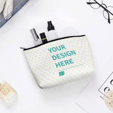 Custom makeup bag with heart pattern and 'YOUR DESIGN HERE', personalized cosmetic storage for women.