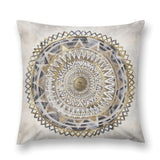 Soft fluffy throw pillow cover with gold, white and black mandala design, perfect for couch, living room or sofa.