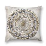 Plush throw pillow cover with a gold mandala design, perfect for sofa and living room decor.