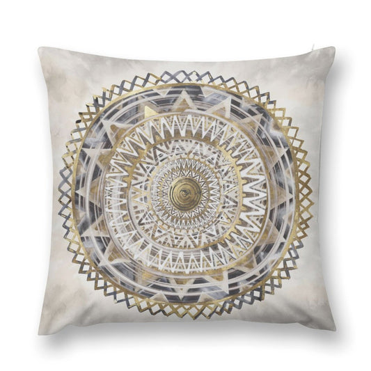 Decorative pillow cover featuring a gold, white, and gray mandala design, soft plush material, perfect for sofa or couch