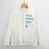 Customizable white baseball jacket with heart pattern and 'YOUR DESIGN HERE' text, perfect for personalized gifts.