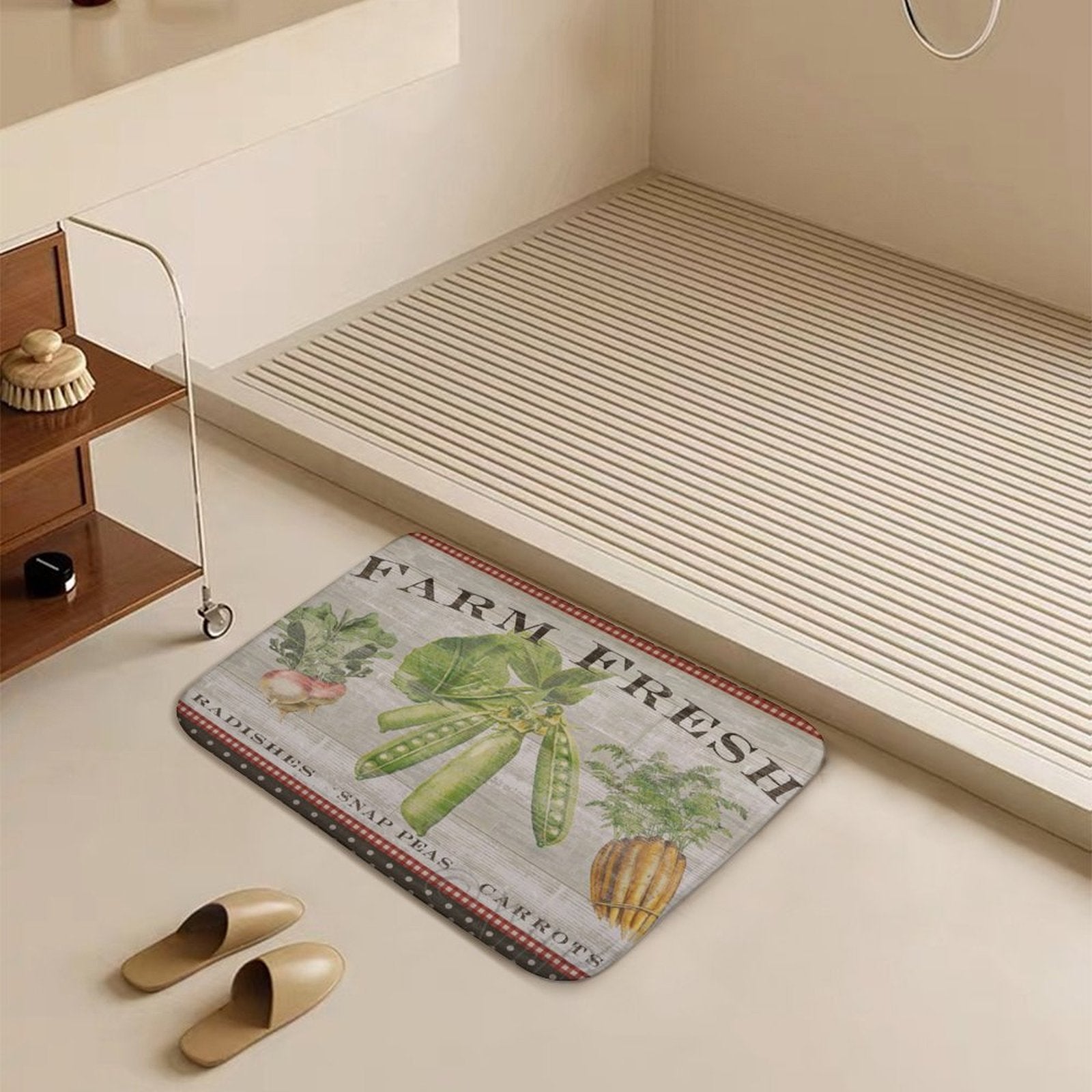 Coral velvet bath rug with farm fresh vegetables design, non-slip for bathroom