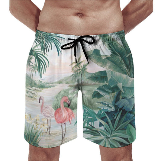 Men's Hawaiian swim trunks with flamingo print; quick-drying, comfortable beach shorts.