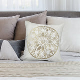 White plush throw pillow cover with golden lace design, perfect for sofa and couch decoration at MyArtsyGift