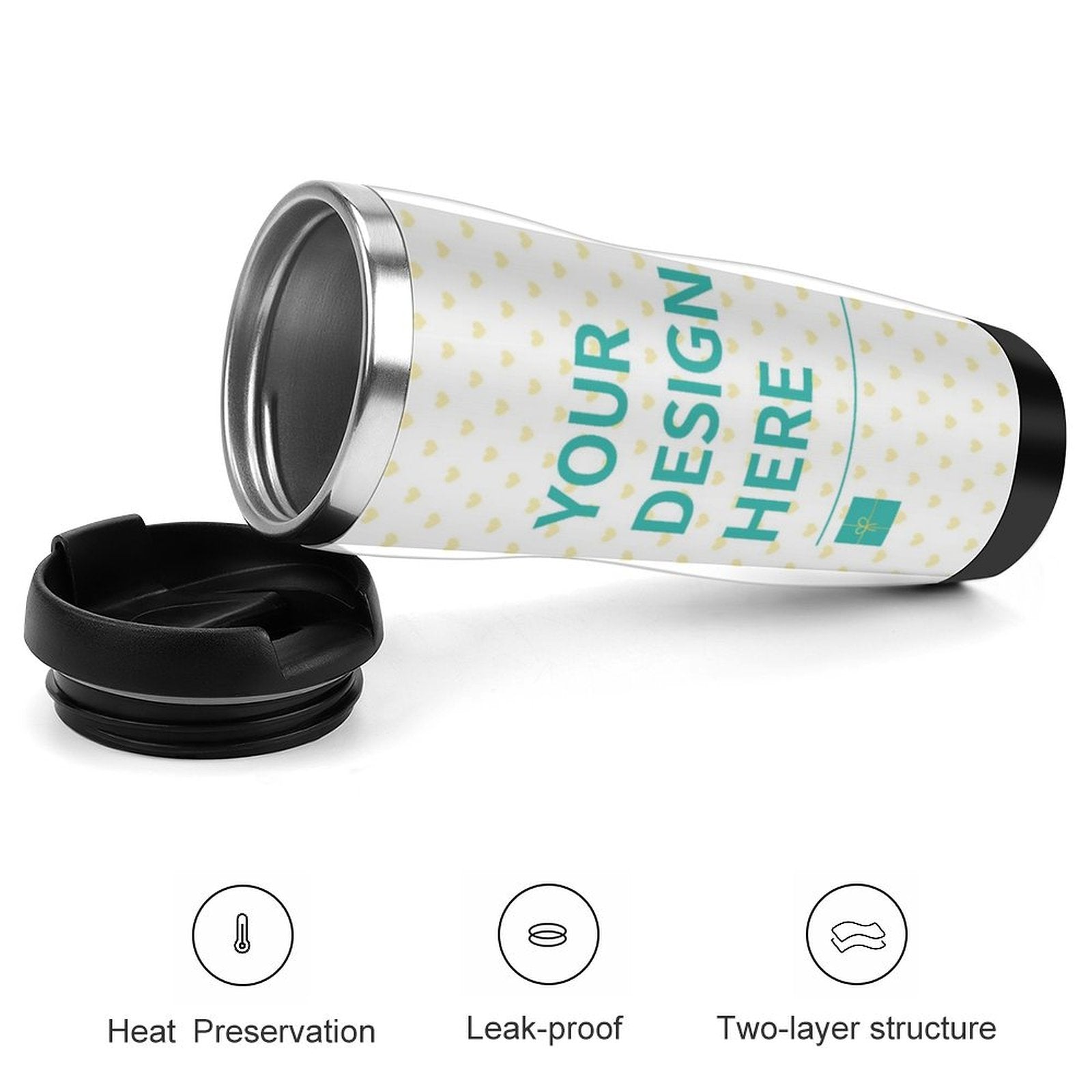 Personalized stainless steel travel mug with 'YOUR DESIGN HERE' for custom gifts, double-layer, leak-proof coffee cup.
