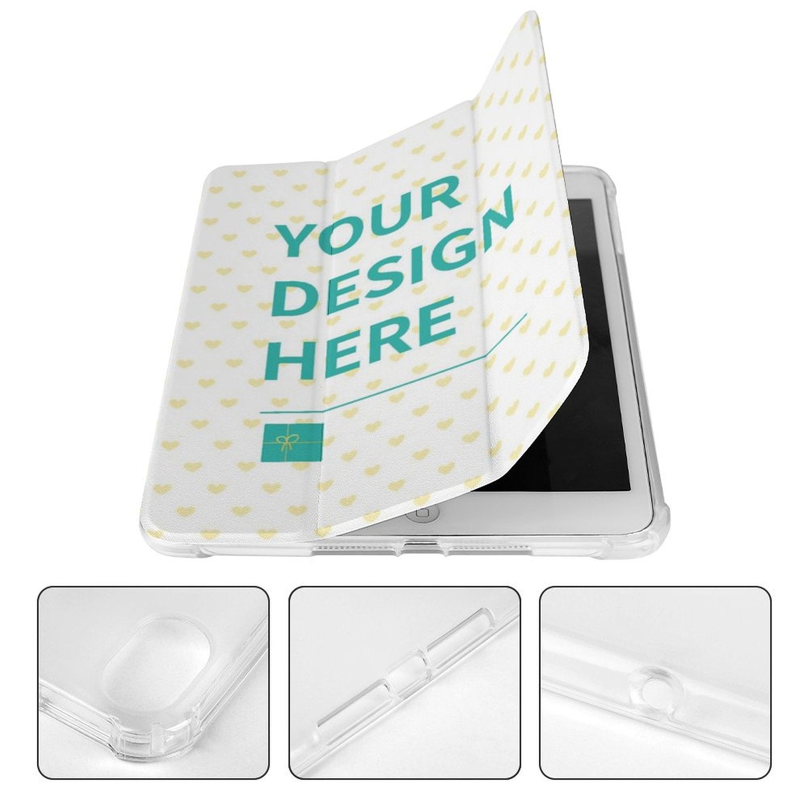 Custom iPad Mini Case featuring "YOUR DESIGN HERE" text, personalized design, protective cover