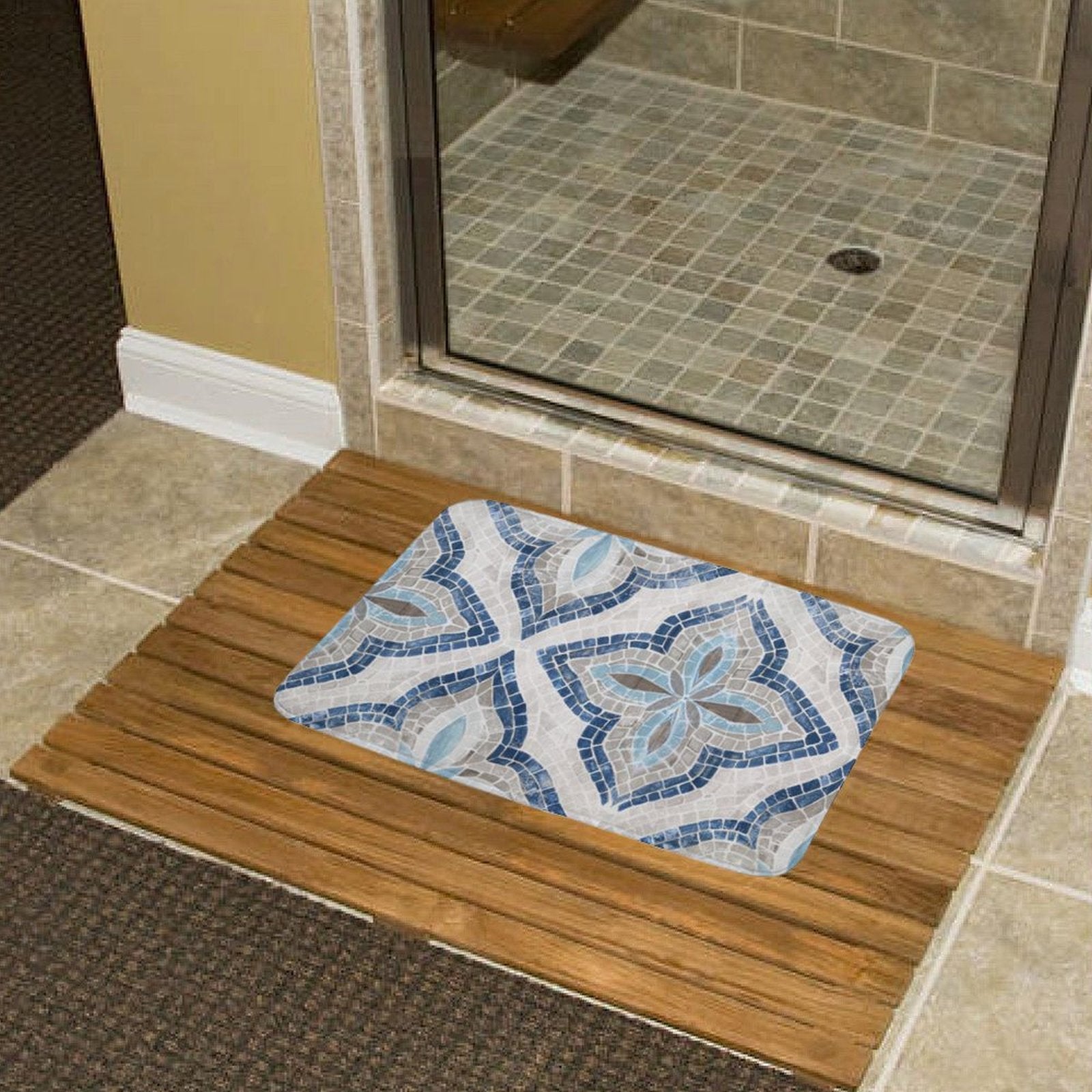 Coral velvet bath rug with mosaic pattern on wooden floor mat, non-slip and quick-drying for bathroom