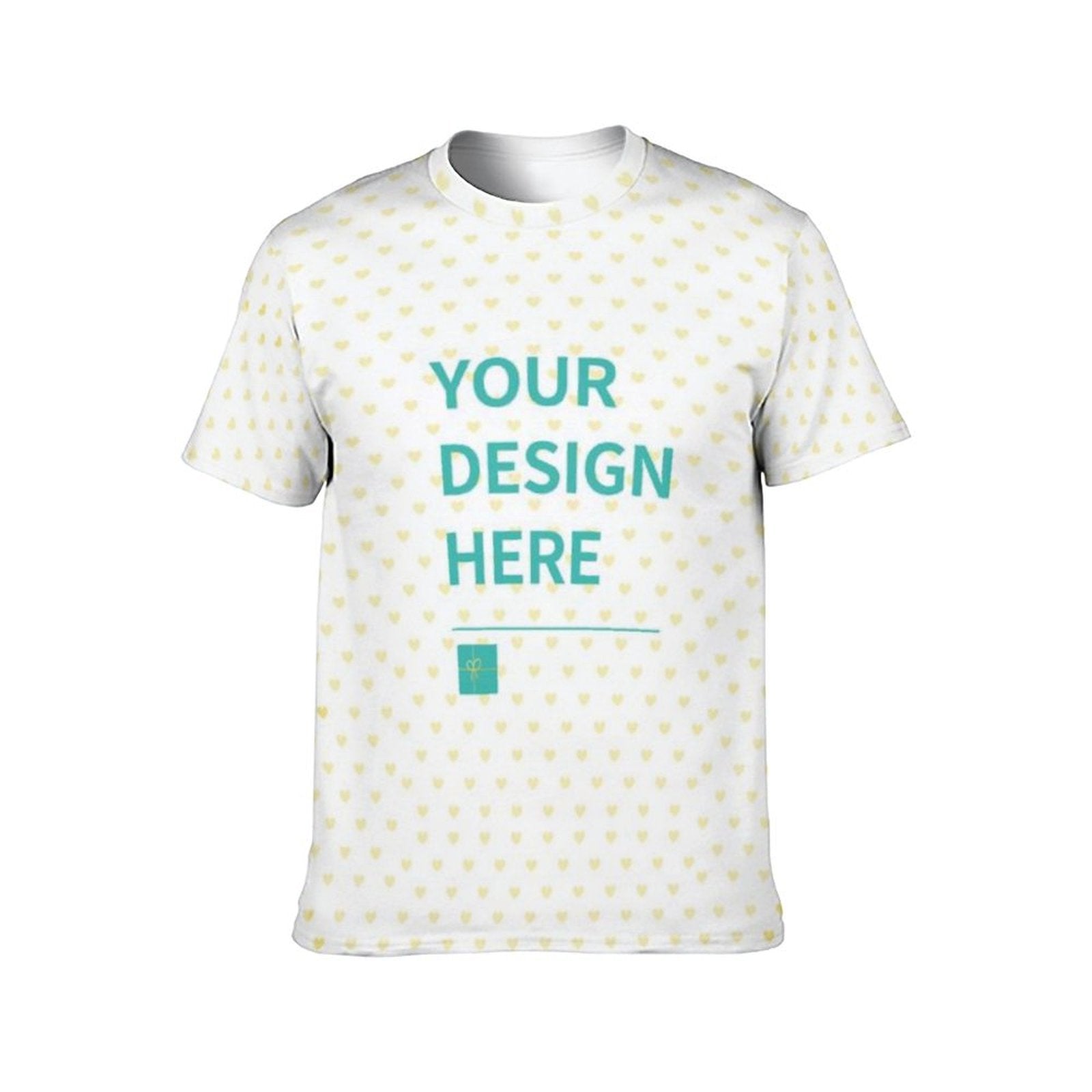 Custom Men's Short-Sleeve T-Shirt with 'YOUR DESIGN HERE' in teal, white polyester, MyArtsyGift