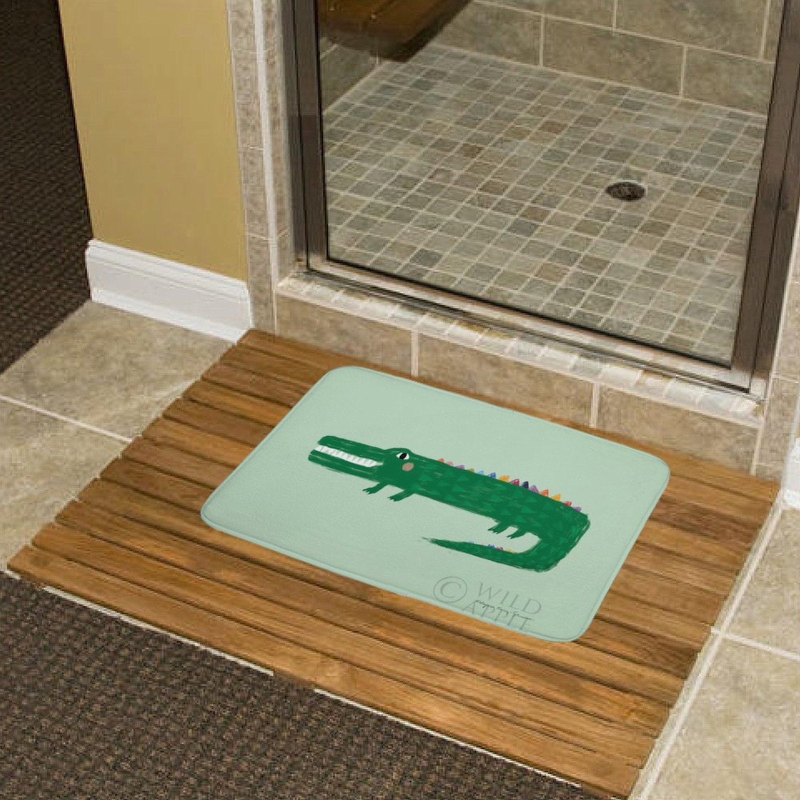 Green crocodile bath rug on wooden floor mat, non-slip bathroom carpet