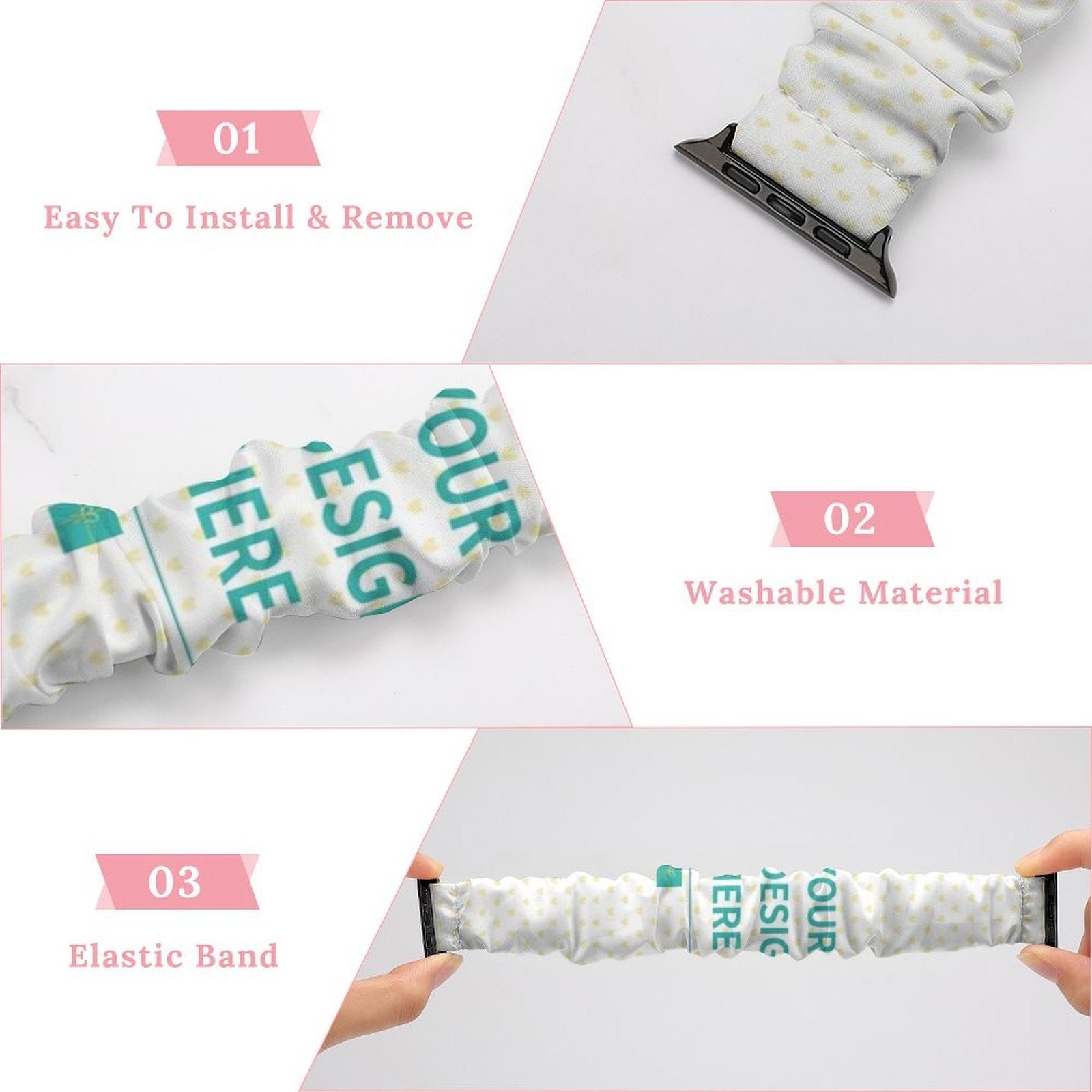 Customizable white polyester Apple Watch band with yellow dots. Easy to install, washable, and elastic.