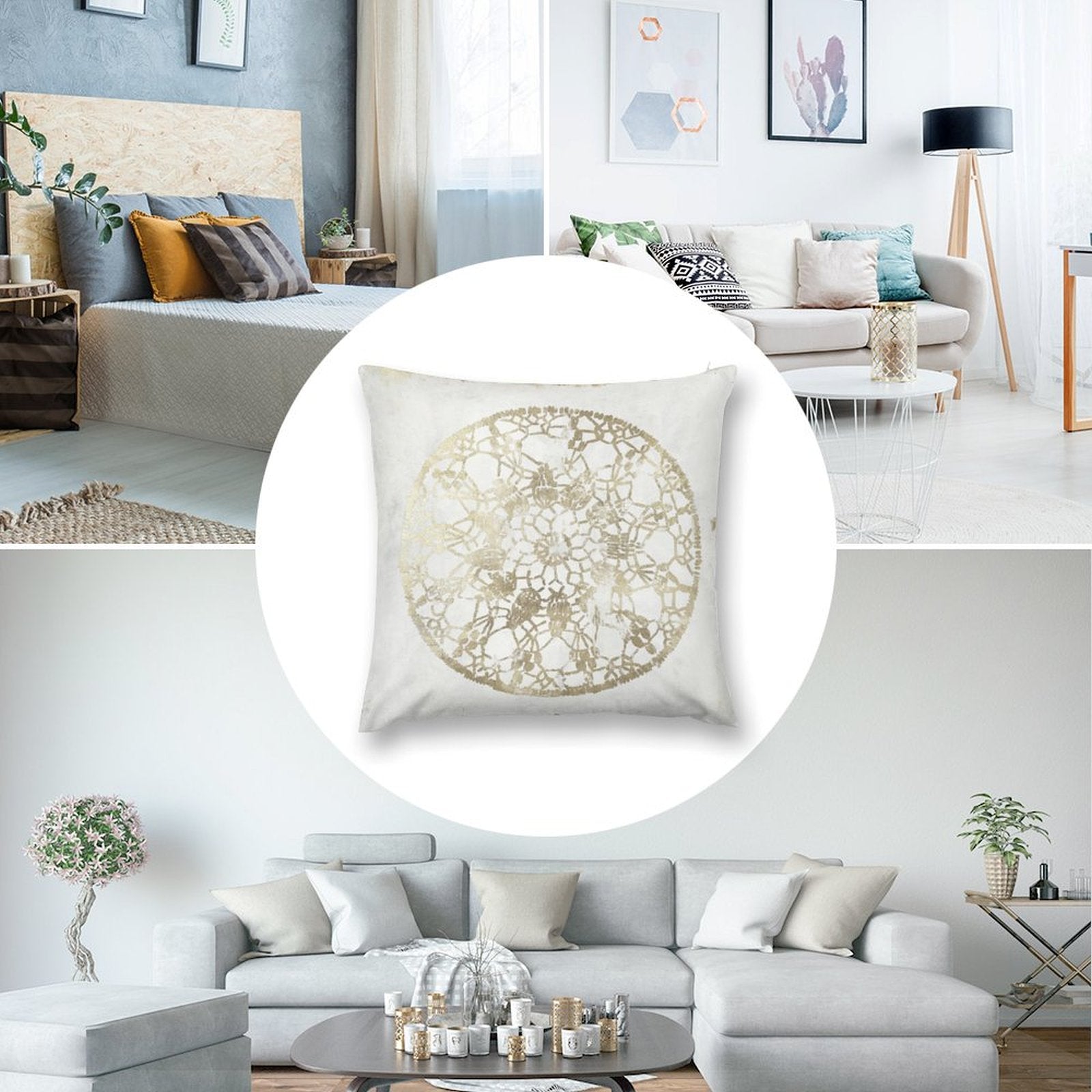 White plush pillow cover with gold lace design, perfect for sofa, couch, living room decor, MyArtsyGift