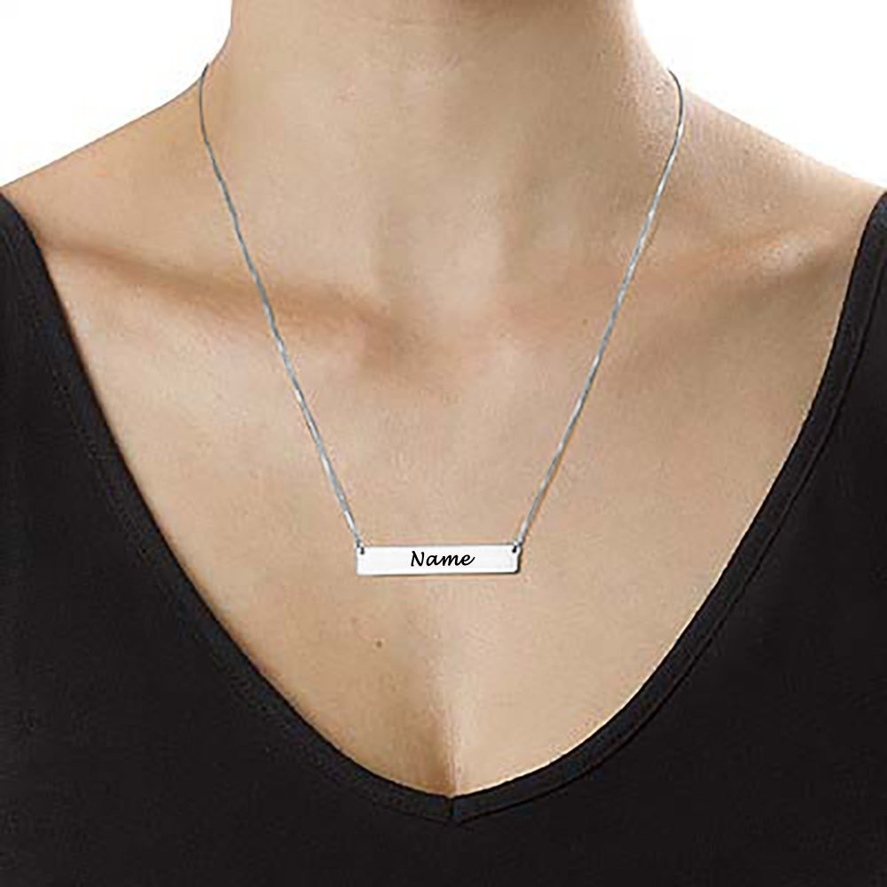 Silver Personalized Name Bar Necklace - Custom Pendant for Women and Men