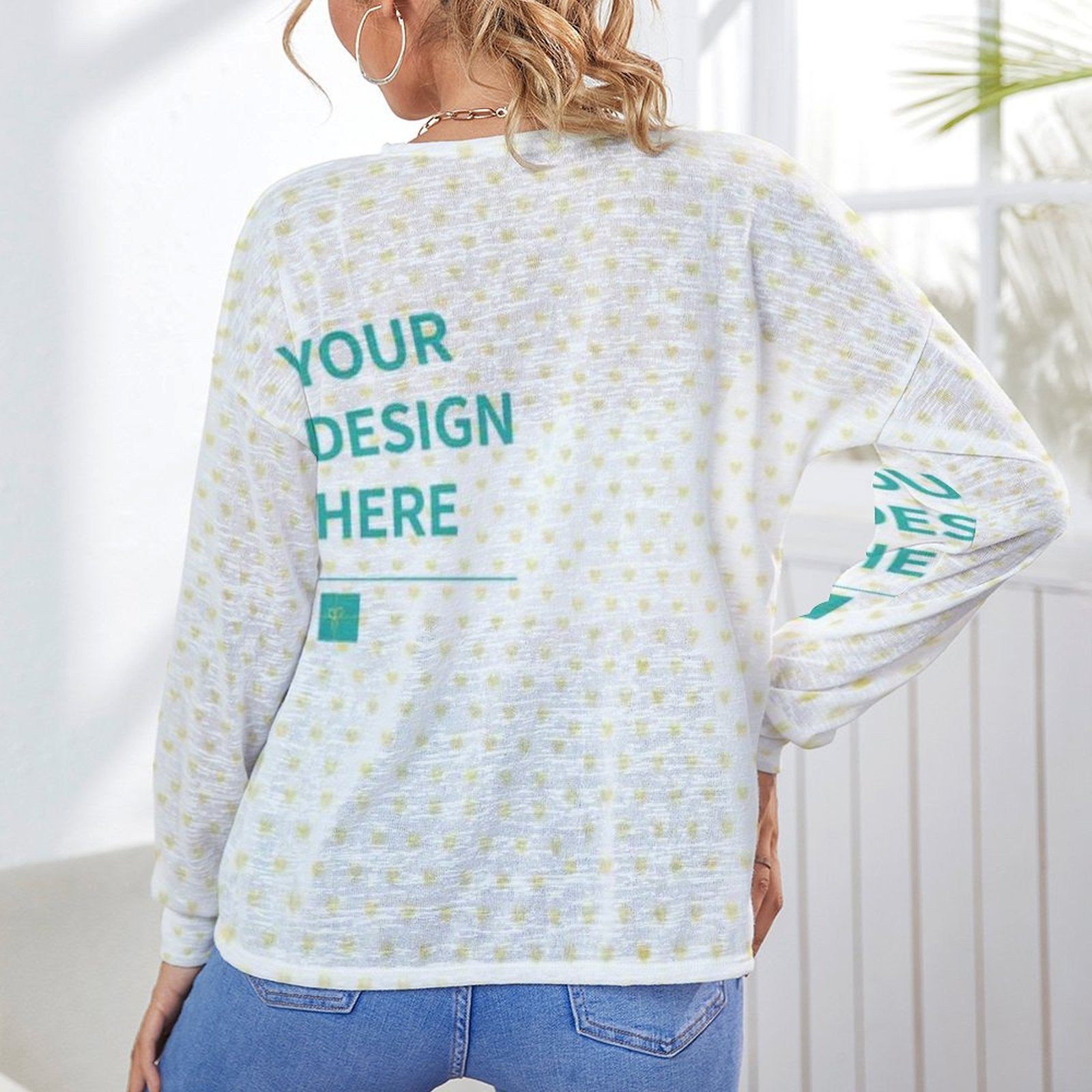 Custom white long-sleeve cardigan with personalized design on back and sleeve