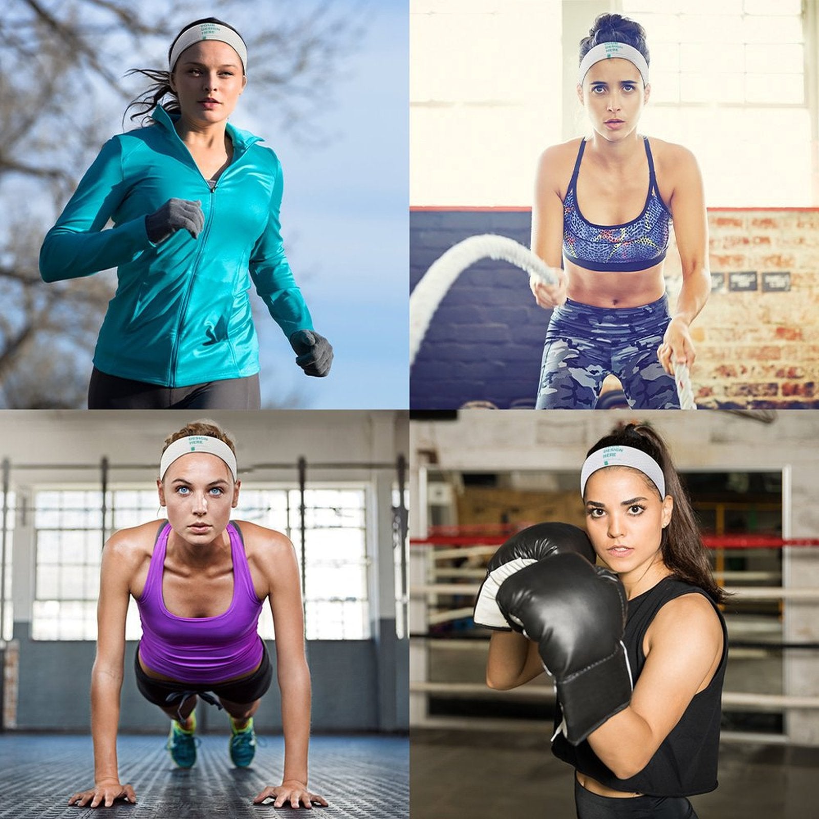 Custom workout headbands for women. Towel cloth sweatbands, personalized design, breathable, for sports and fitness.