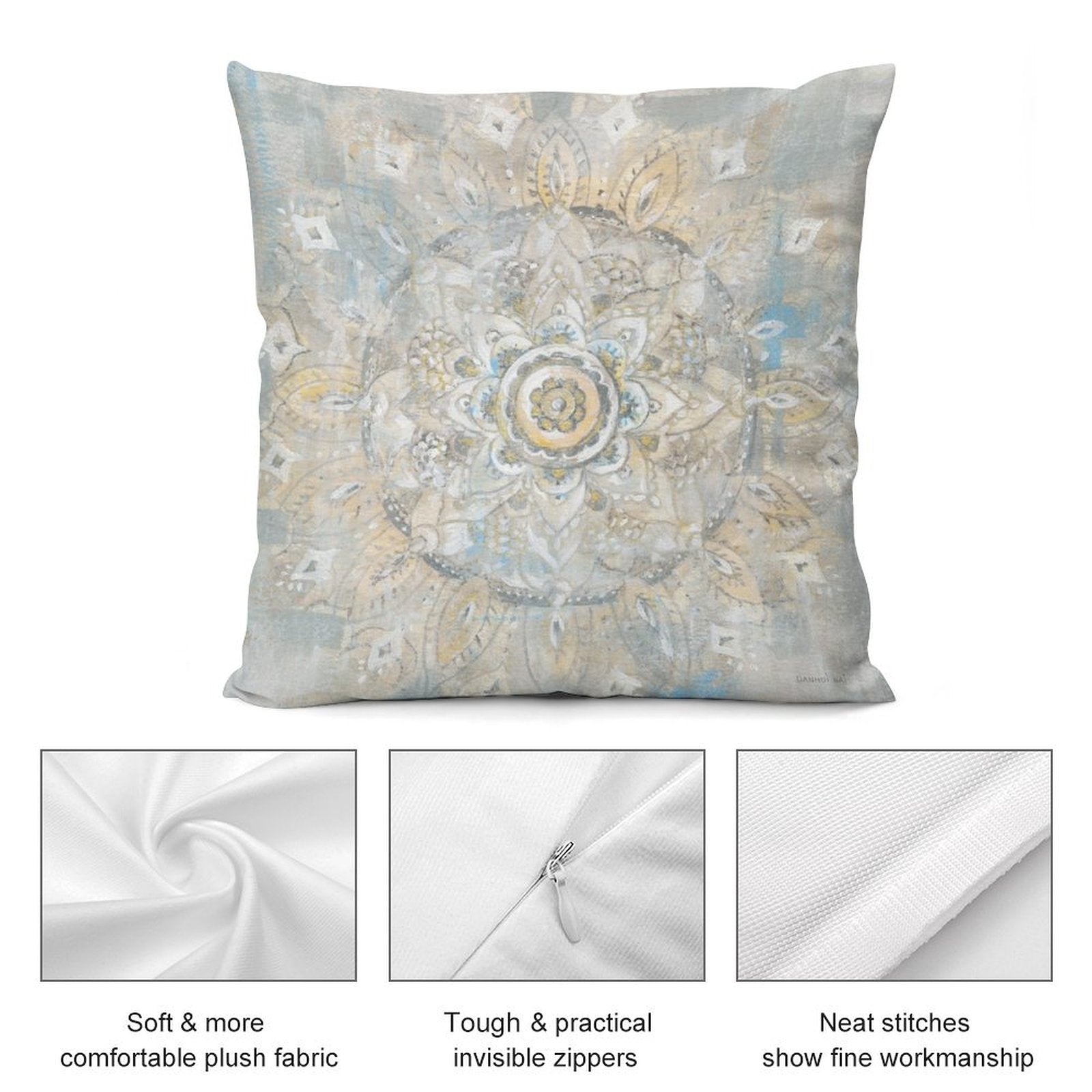Mandala design plush pillow cover. Soft, comfortable fabric with invisible zipper. Ideal sofa decor.
