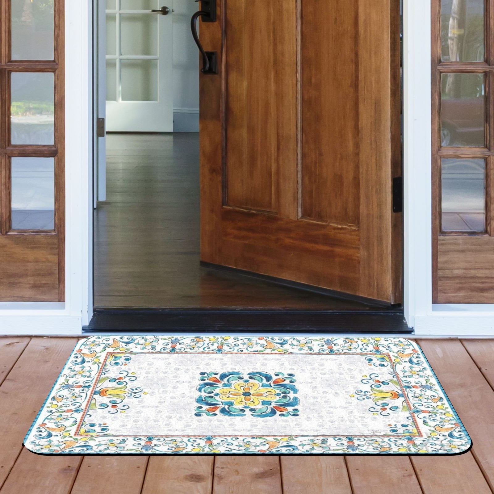 Mediterranean entrance doormat with floral design, suitable for indoor or outdoor use