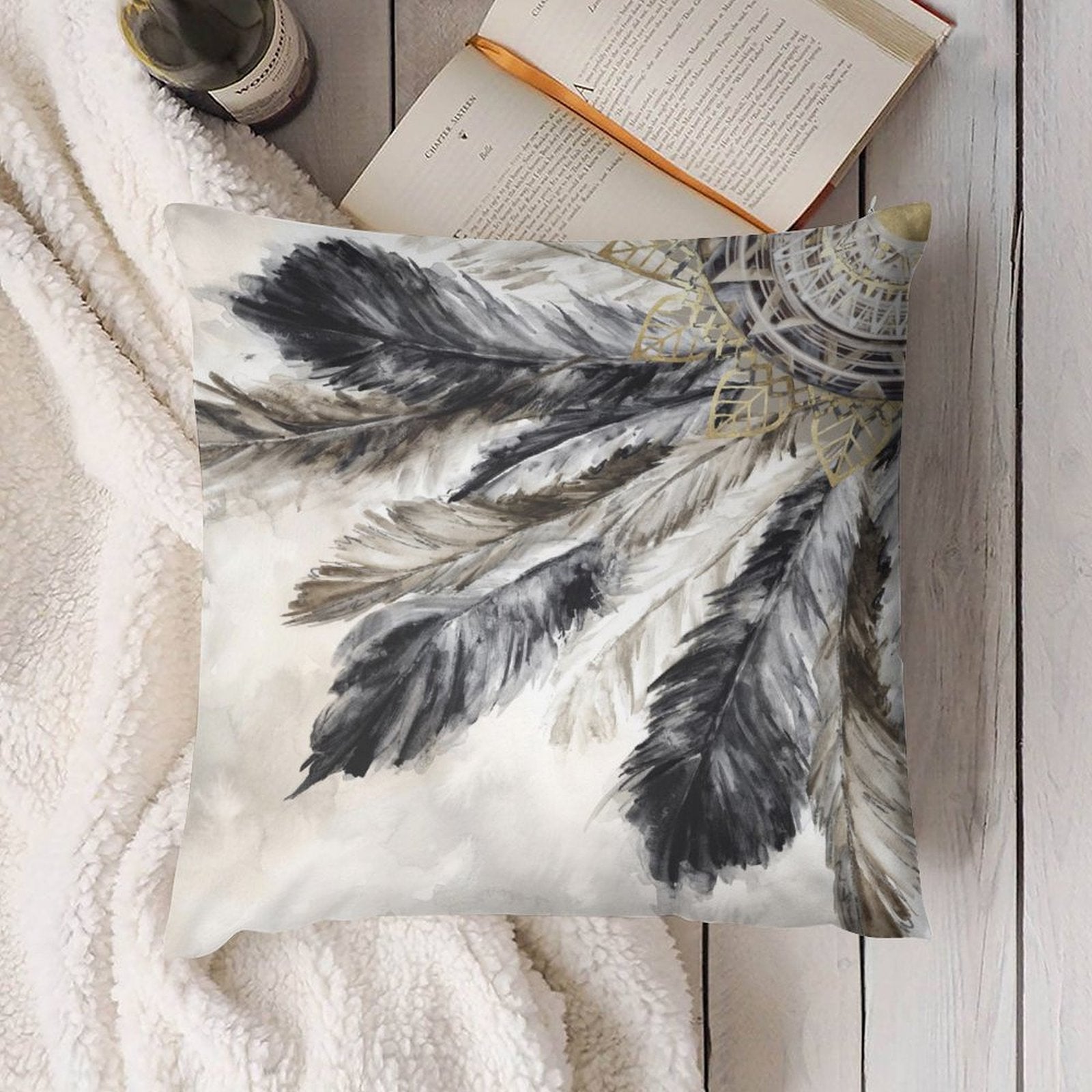 Plush throw pillow cover with watercolor feather design; soft and decorative for sofa, couch, or living room.