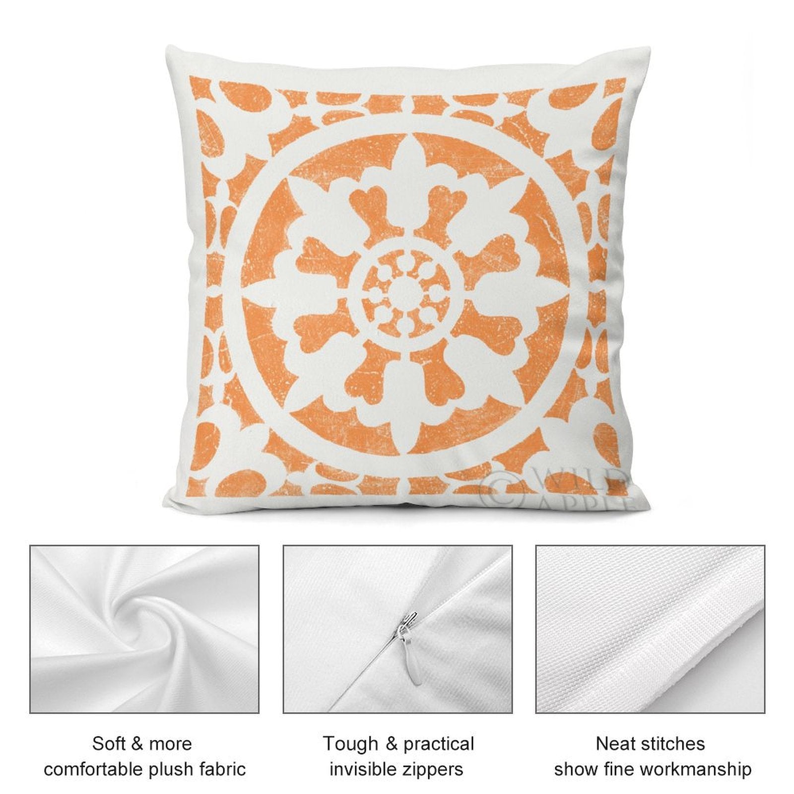 Orange and white mandala plush pillow cover with soft plush fabric, invisible zipper, and neat stitching. MyArtsyGift.