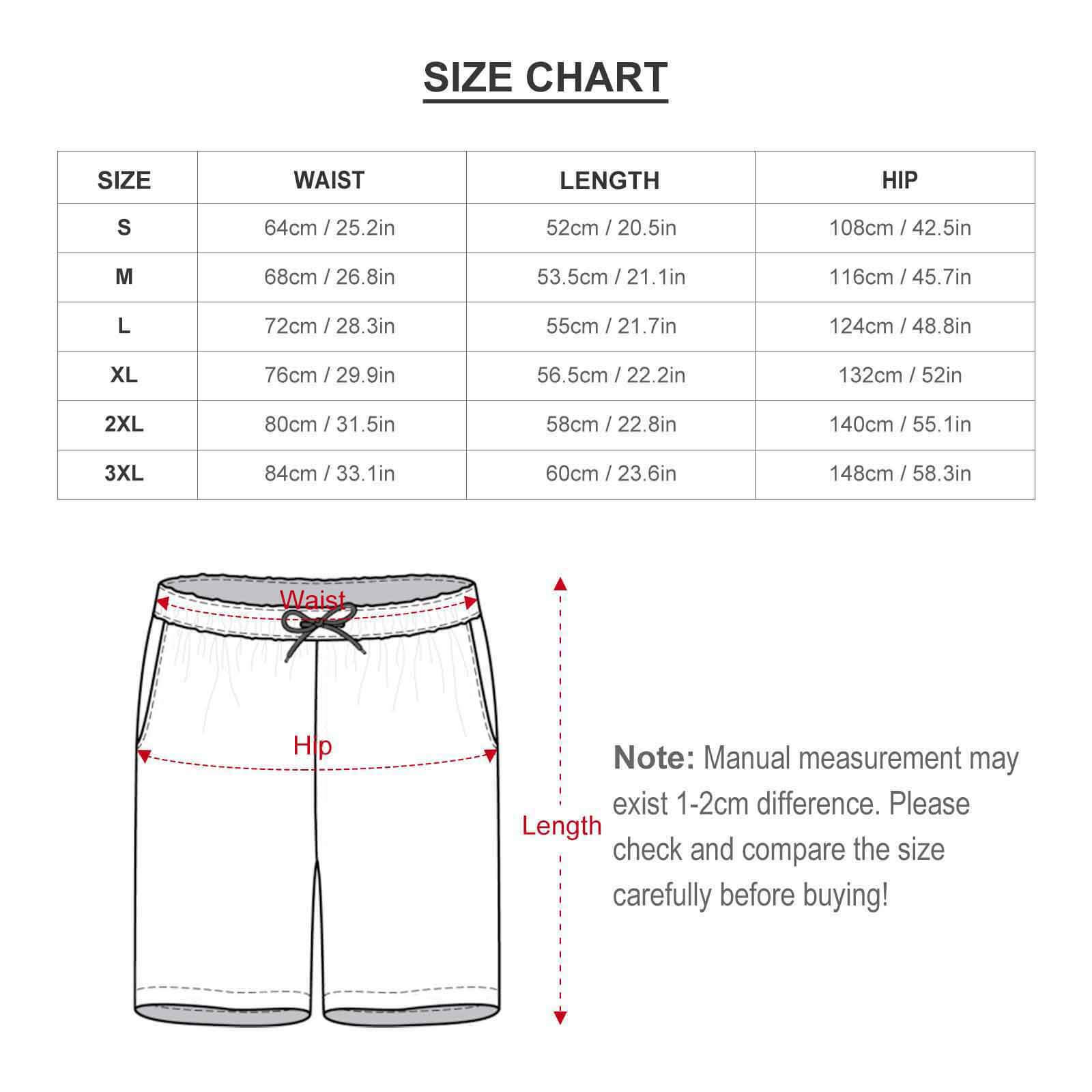 Size chart for men's button down shirt sets, waist, hip, and length measurements, ensure a perfect fit.