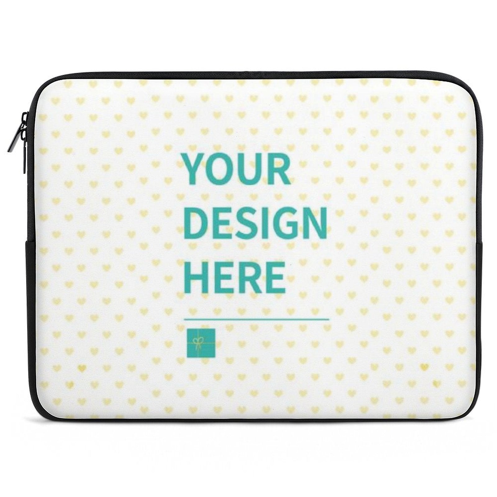 Customizable laptop sleeve with "YOUR DESIGN HERE" text, heart pattern, and black trim.
