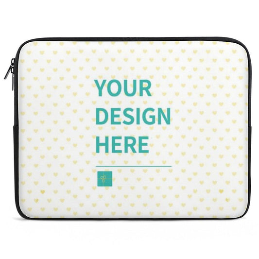 Customizable laptop sleeve with "YOUR DESIGN HERE" text, heart pattern, and black trim.