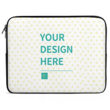 Custom laptop sleeve: "YOUR DESIGN HERE" text, yellow hearts, gift icon, black zipper & edge.