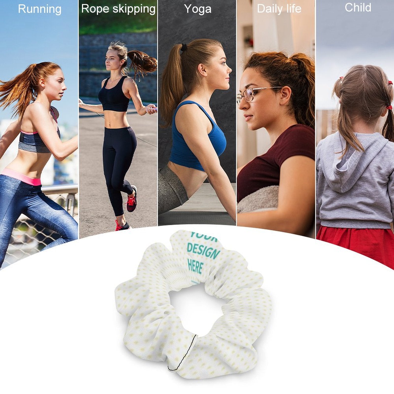 Custom scrunchie with "YOUR DESIGN HERE" text, suitable for various hairstyles. Personalized hair ties hair bands for women.