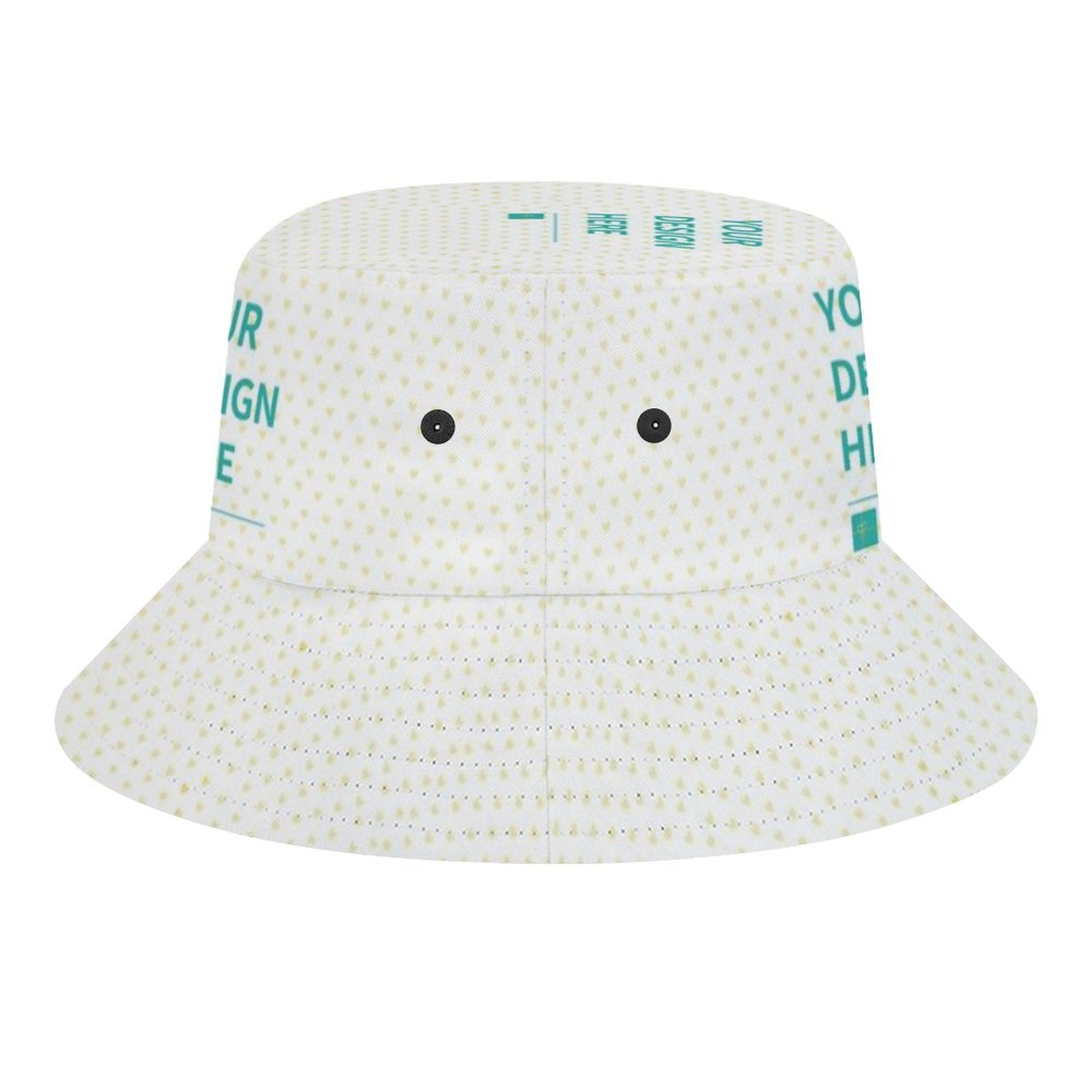Personalized white bucket hat with 'YOUR DESIGN HERE' text, perfect for fishing, hiking, and travel.