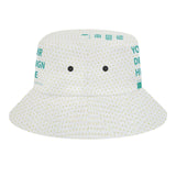 Personalized white bucket hat with 'YOUR DESIGN HERE' text, perfect for fishing, hiking, and travel.