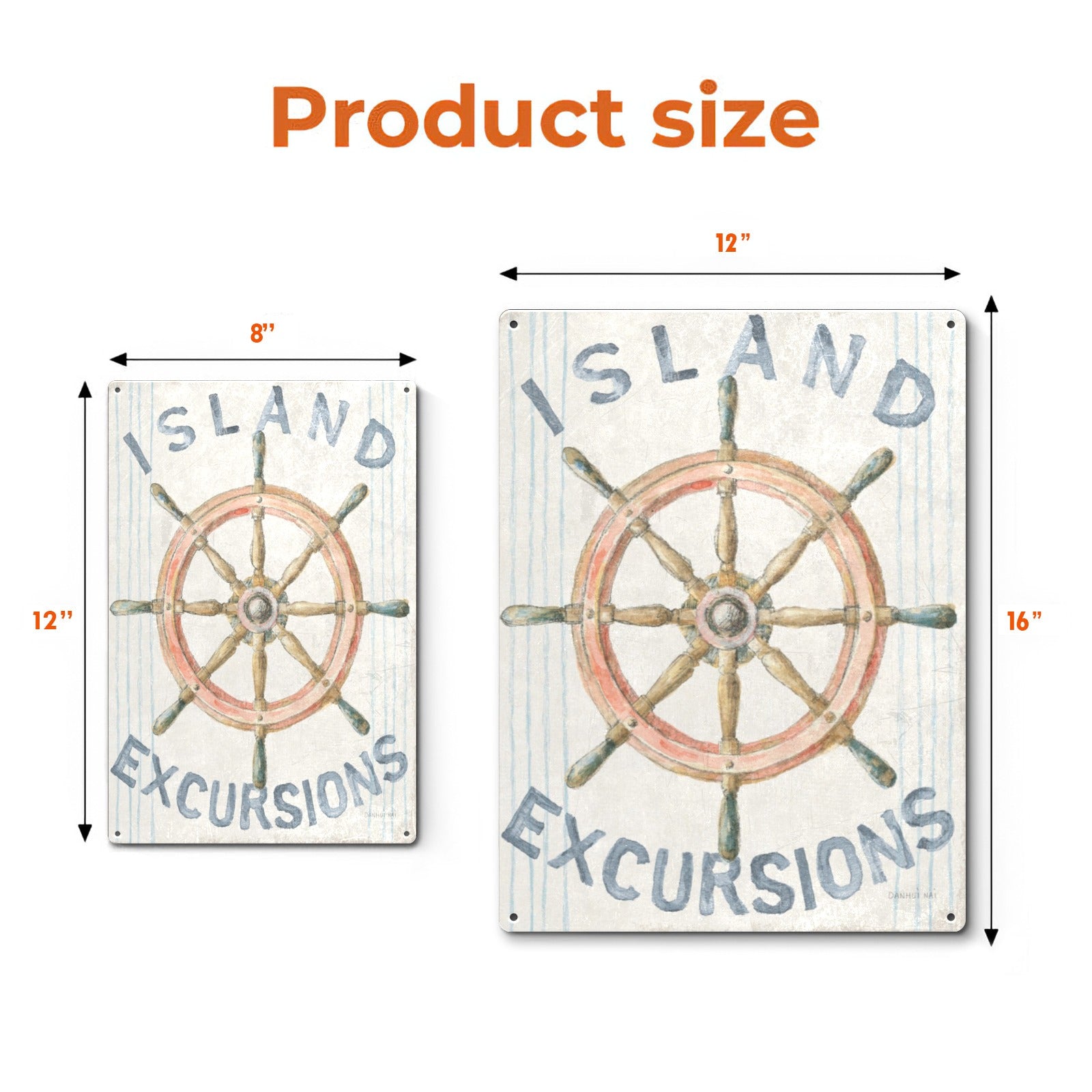 Nautical Island Excursions metal sign with ship wheel, retro beach decor, showing product dimensions