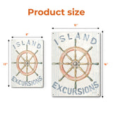 Nautical Island Excursions metal sign with ship wheel, retro beach decor, showing product dimensions