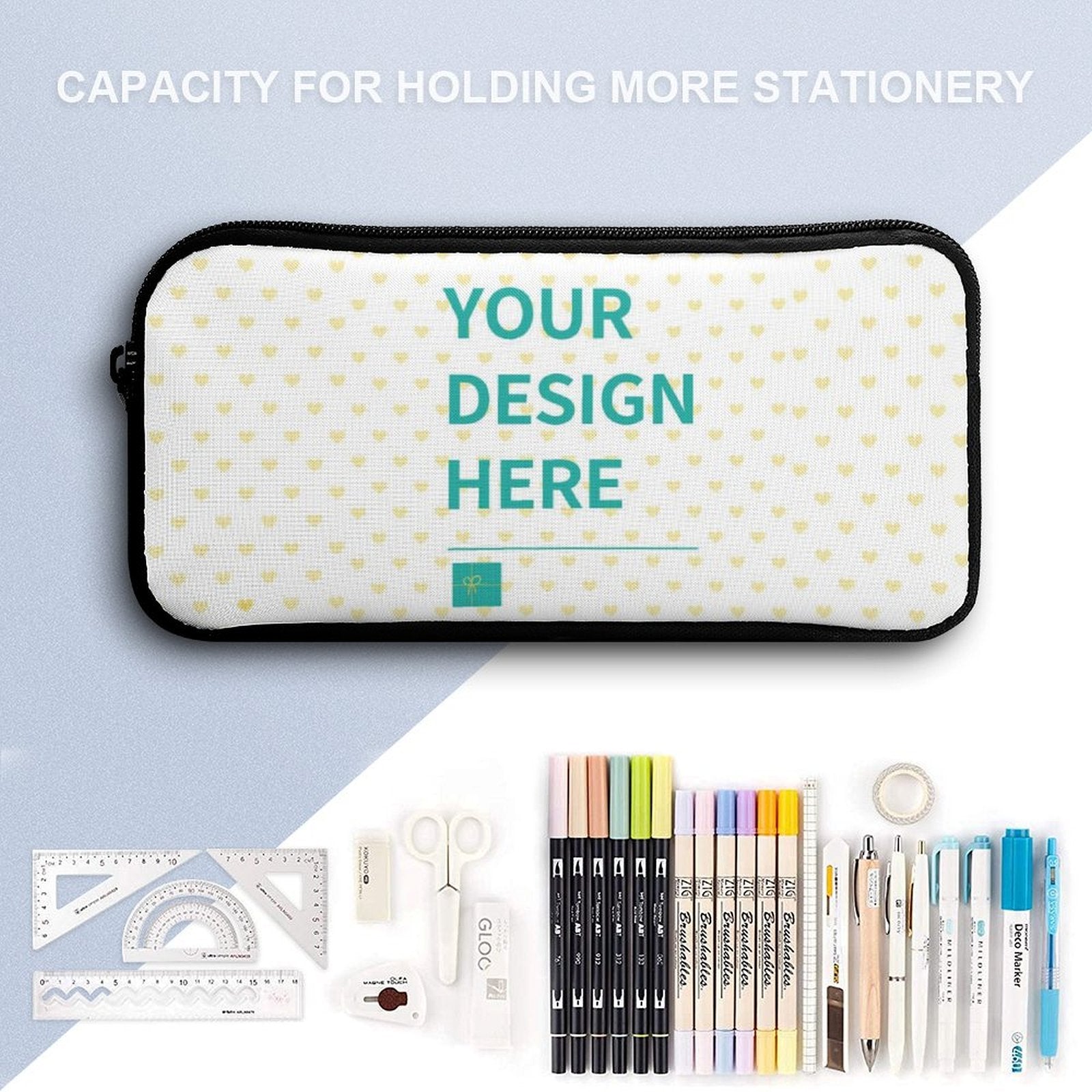 Customizable pencil case with stationery, ideal for MyArtsyGift school backpacks.