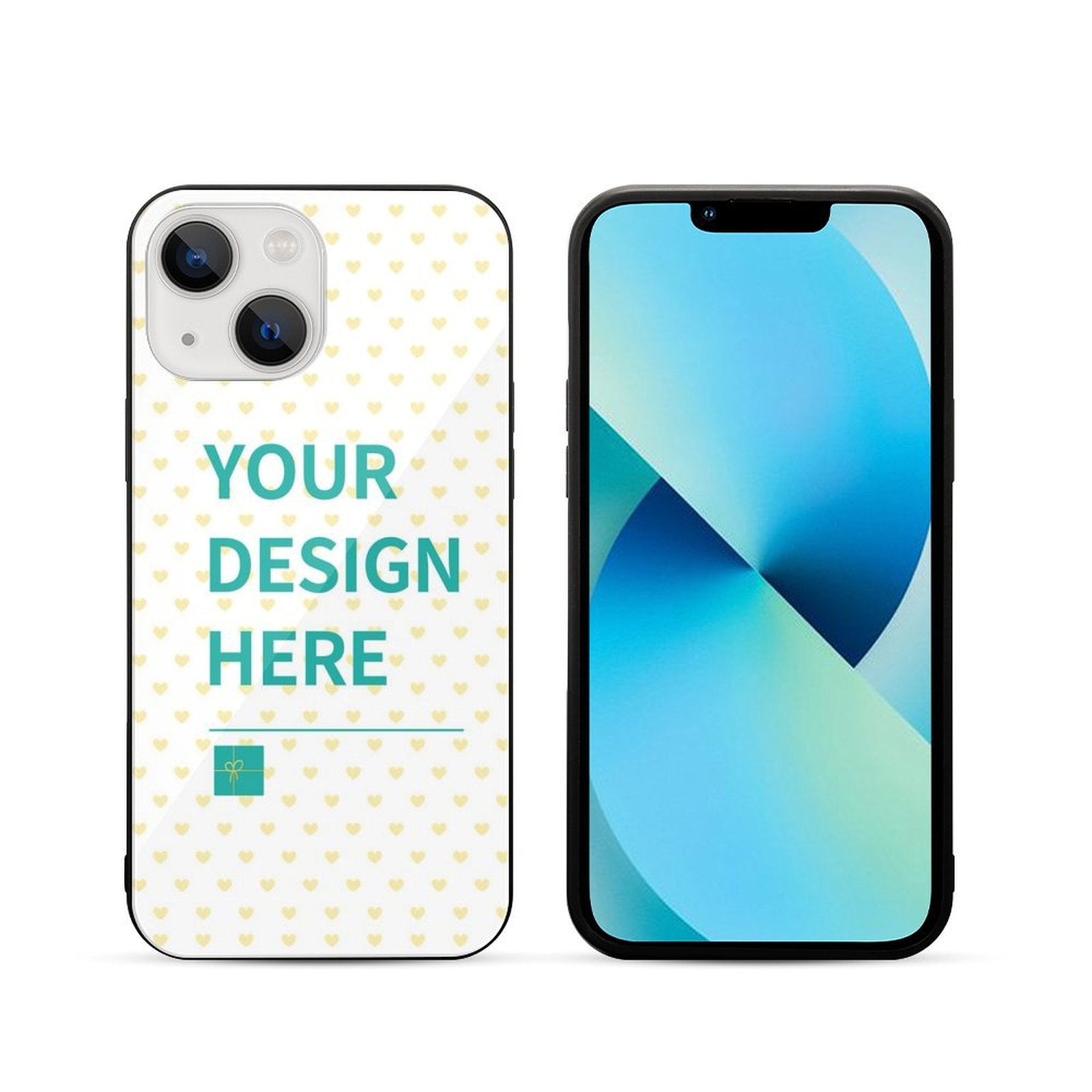Custom iPhone 13 case, personalized design with glass back and TPU bumper for scratch resistance and wireless charging.