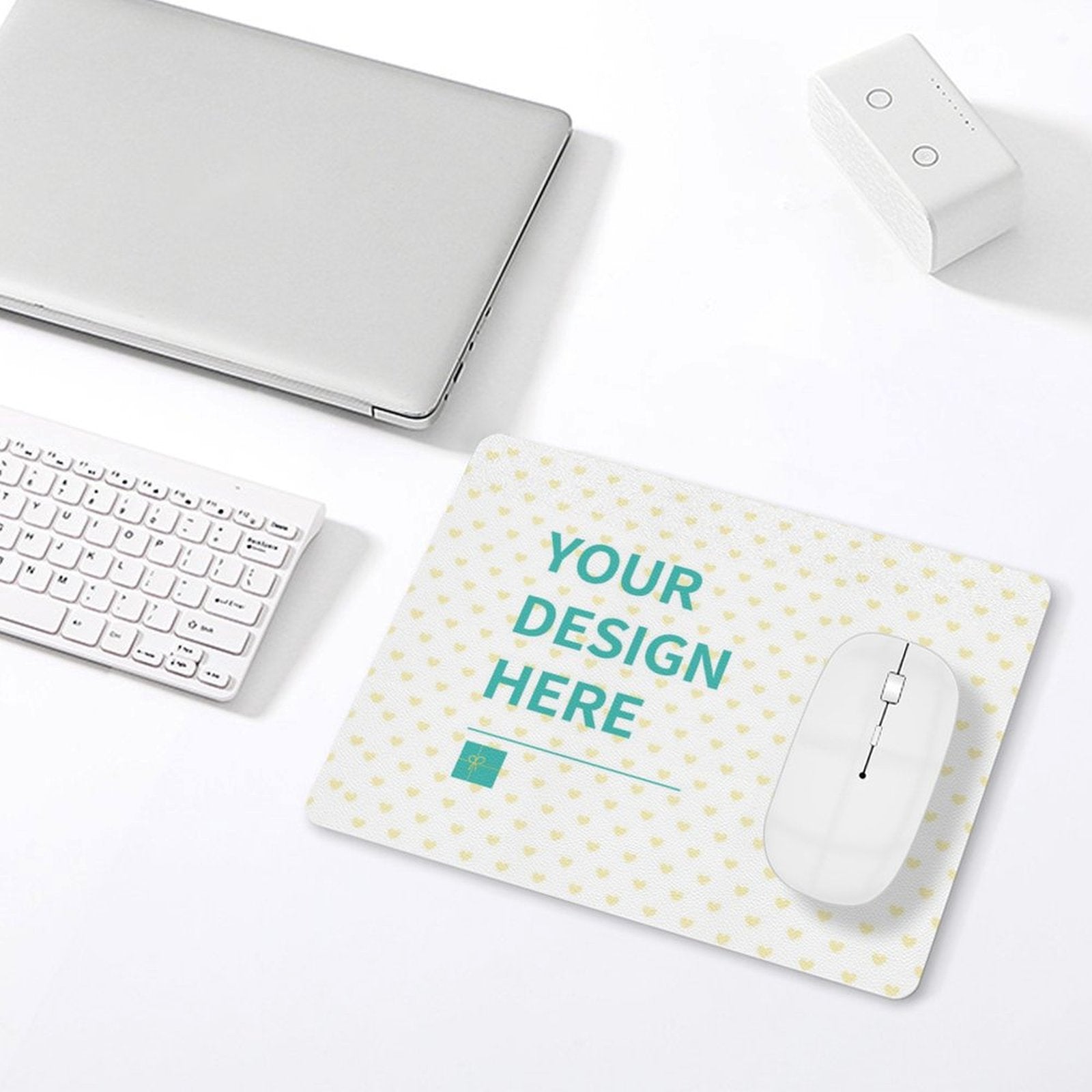 Customizable leather mouse pad with YOUR DESIGN HERE text and heart pattern, ideal for home or office use.