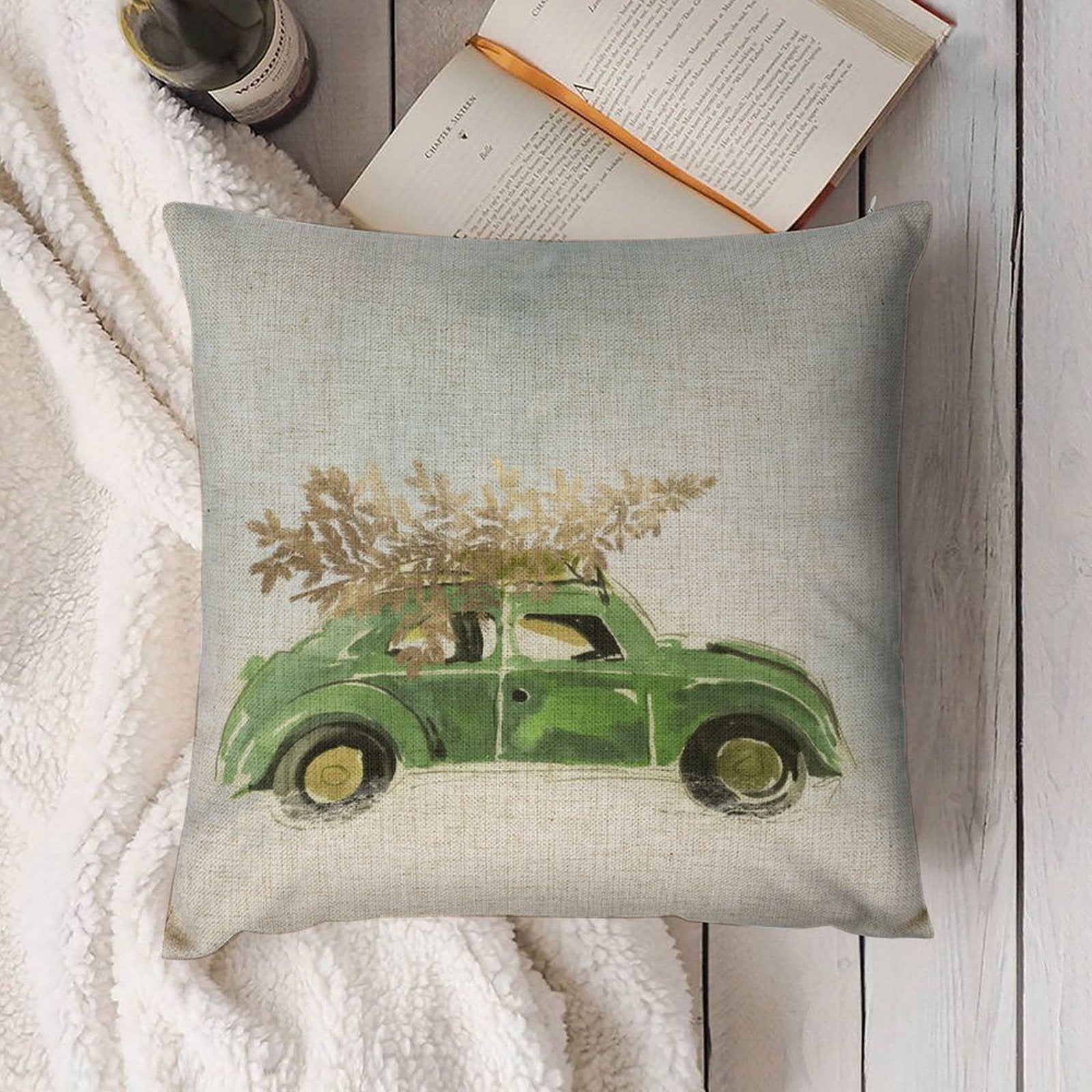 Christmas pillow cover, linen cushion with green car and tree design, perfect for sofa, couch, or bed decoration