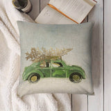 Christmas pillow cover, linen cushion with green car and tree design, perfect for sofa, couch, or bed decoration