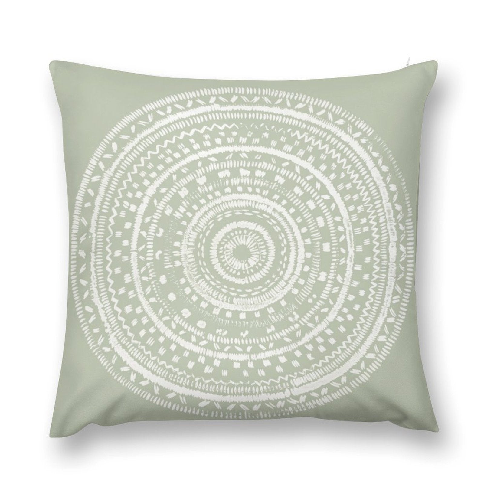 Sage green plush throw pillow cover with white mandala design for sofa, couch, or living room.