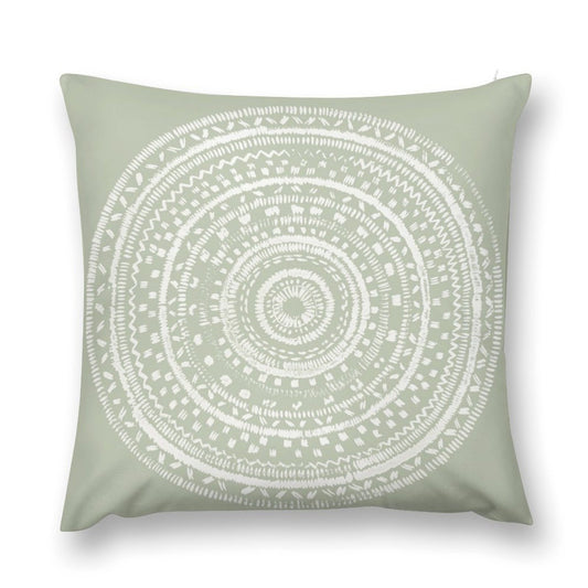 Sage green plush throw pillow cover with white mandala design for sofa, couch, or living room.