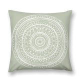 Sage green plush throw pillow cover with white mandala design for sofa, couch, or living room.