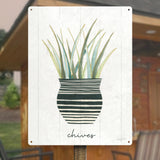 Herb Garden VI Metal Sign with chives illustration, green plants in a black and white striped pot, boho poster print